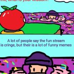 Inkling of the ink what is your wisdom | A lot of people say the fun stream is cringe, but their is a lot of funny memes | image tagged in inkling of the ink what is your wisdom | made w/ Imgflip meme maker