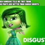 Cargo shorts are the best. If you disagree you're wrong. | WHEN SOMEONE TELLS ME THEY THINK LONG PANTS ARE BETTER THAN CARGO SHORTS: | image tagged in inside out disgust | made w/ Imgflip meme maker