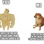 cheems is better | YOU; ME; I HATE TIKTOK BUT I'M TOXIC AND THINK TIKTOKERS SHOULD DIE; I LIKE TIKTOK BUT I'M NOT MEAN AND I SUPPORT ALL OPINIONS | image tagged in cheems is better,memes,tiktok,toxic | made w/ Imgflip meme maker