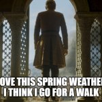 Looking out the window | LOVE THIS SPRING WEATHER
I THINK I GO FOR A WALK | image tagged in tommen dive,weather | made w/ Imgflip meme maker