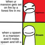 Nightmare Dream Blank | When ur mansion gets set on fire by a forest fire in mc; when u spawn in a mansion and 0 mobs spawn and kill u. | image tagged in nightmare dream blank | made w/ Imgflip meme maker