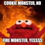 FIRE MONSTER | COOKIE MONSTER, NO; FIRE MONSTER, YESSSS | image tagged in elmo,elmo fire,memes | made w/ Imgflip meme maker