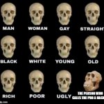 i made this image last year but i guess ill post it now. | THE PERSON WHO CALLS THE PRO A HACKER | image tagged in different type of skulls,memes | made w/ Imgflip meme maker
