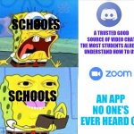 it's true | SCHOOLS; A TRUSTED GOOD SOURCE OF VIDEO CHAT THE MOST STUDENTS ALREADY UNDERSTAND HOW TO USE; AN APP NO ONE'S EVER HEARD OF; SCHOOLS | image tagged in spongebob wallet | made w/ Imgflip meme maker