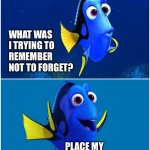 Place order | WHAT WAS I TRYING TO REMEMBER NOT TO FORGET? PLACE MY PAMPERED CHEF ORDER! | image tagged in dory | made w/ Imgflip meme maker