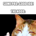 he's a good man | SOME NOOB: WINS A MATCH; SOME PRO: GOOD JOB! THE NOOB: | image tagged in happy thumbs up cat,memes | made w/ Imgflip meme maker