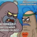 Salty spittoon meme | Welcome to the salty spittoon, how tough are yah? HOW TOUGH AM I? I don't cry when my childhood cat dies! | image tagged in how tuff are yah,dank memes,memes,memenade memes | made w/ Imgflip meme maker