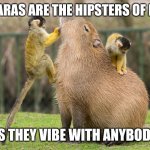 Somthing to think about | CAPYBARAS ARE THE HIPSTERS OF NATURE; AS THEY VIBE WITH ANYBODY | image tagged in capybara,memes,relationships | made w/ Imgflip meme maker