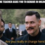 Are you really in charge here? | WHEN THE TEACHER ASKS YOU TO BEHAVE IN ONLINE CLASS | image tagged in are you really in charge here | made w/ Imgflip meme maker