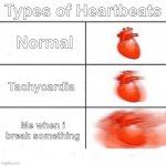 OH GOD MY HEART | Types of Heartbeats; Normal; Tachycardia; Me when i break something | image tagged in oh god my heart | made w/ Imgflip meme maker