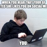 idk what to name this | WHEN YOU HEAR THAT YOUR GF POSTED SHE LIKES YOU ON SOCIAL MEDIA. YOU: | image tagged in focused doug,girlfriend,social media | made w/ Imgflip meme maker