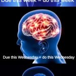 It's evolving, just backwards | Due  next week = do next week; Due this week = do this week; Due this Wednesday = do this Wednesday; Due tommorow = do tommorow; Due today = do today | image tagged in shrinking brain | made w/ Imgflip meme maker
