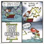 Papyrus Scroll Of Truth | SANS IS AT GRILLBY'S | image tagged in papyrus scroll of truth | made w/ Imgflip meme maker