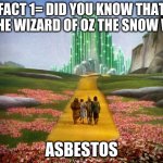 Run from Asbestos, Dorothy! | FACT 1= DID YOU KNOW THAT IN THE WIZARD OF OZ THE SNOW WAS; ASBESTOS | image tagged in wizard of oz | made w/ Imgflip meme maker