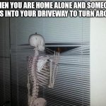 Waiting Skeleton | WHEN YOU ARE HOME ALONE AND SOMEONE PULLS INTO YOUR DRIVEWAY TO TURN AROUND | image tagged in waiting skeleton | made w/ Imgflip meme maker