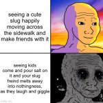 this is why i stay inside | seeing a cute slug happily moving across the sidewalk and make friends with it; seeing kids come and pour salt on it and your slug freind melts away into nothingness, as they laugh and giggle | image tagged in calm wojack and scary wojack | made w/ Imgflip meme maker