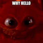 Hello | WHY HELLO | image tagged in cursed garfield smile | made w/ Imgflip meme maker