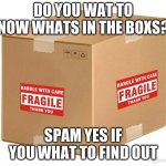 spam  for god sak | DO YOU WAT TO NOW WHATS IN THE BOXS? SPAM YES IF YOU WHAT TO FIND OUT | image tagged in fragile | made w/ Imgflip meme maker