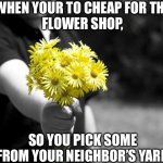 Giving flowers | WHEN YOUR TO CHEAP FOR THE
FLOWER SHOP, SO YOU PICK SOME FROM YOUR NEIGHBOR’S YARD | image tagged in giving flowers | made w/ Imgflip meme maker