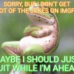 Some jokes are just plain nonsense | SORRY, BUT I DON'T GET A LOT OF THE JOKES ON IMGFLIP; MAYBE I SHOULD JUST QUIT WHILE I'M AHEAD | image tagged in frog crossed arms,bad jokes,i dont know,quit,not funny | made w/ Imgflip meme maker