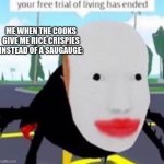 Your free trial of living has exeded | ME WHEN THE COOKS GIVE ME RICE CRISPIES INSTEAD OF A SAUGAUGE: | image tagged in your free trial of living has exeded | made w/ Imgflip meme maker