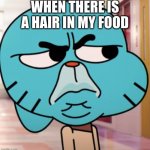 hair in my food | WHEN THERE IS A HAIR IN MY FOOD | image tagged in gumball wtf,hair | made w/ Imgflip meme maker