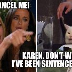 Woman yelling at cat | DON’T CANCEL ME! KAREN, DON’T WORRY              I’VE BEEN SENTENCED TO LIFE | image tagged in woman yelling at cat | made w/ Imgflip meme maker