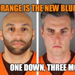 orange is the new blue | ORANGE IS THE NEW BLUE; 40 YEARS IN THE HOLE! ONE DOWN, THREE MORE TO GO | image tagged in 1 pig down 3 more oinkers to go | made w/ Imgflip meme maker