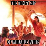 Jesus whip | THE TANGY ZIP; OF MIRACLE WHIP. | image tagged in jesus whip | made w/ Imgflip meme maker