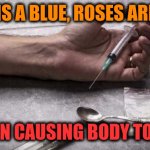 -Simply several words. | -SKY IS A BLUE, ROSES ARE RED:; HEROIN CAUSING BODY TO DEAD | image tagged in heroin,the walking dead,don't do drugs,roses are red,sky,red vs blue | made w/ Imgflip meme maker