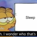 Imagine Sleeping | Sleep; Me | image tagged in garfield looking at the sign | made w/ Imgflip meme maker