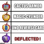 Minecraft apples | CACTUS ARMOR; MAGIC CYLINDER; UNO REVERSE CARD; DEFLECTED! | image tagged in minecraft apples | made w/ Imgflip meme maker