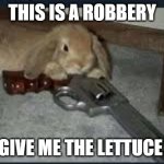 robbery | THIS IS A ROBBERY; GIVE ME THE LETTUCE | image tagged in bunny gun,bunny_lord | made w/ Imgflip meme maker