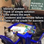 JBander's Rules for Success - Cat version | 1. Identify problem
2. Think of simple solution
3. Give others the work
4. Condemn and terminate failure
5. Claim all the credit for success; JBANDER'S
RULES FOR
SUCCESS | image tagged in rules for success,cat,funny,humor,class,teach | made w/ Imgflip meme maker