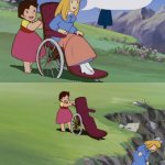 girl in a wheelchair pushed off a cliff meme