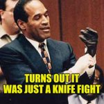 Joy Reid says... | TURNS OUT IT WAS JUST A KNIFE FIGHT | image tagged in oj glove,joy reid,knife fights,blm,defund police,sick humor | made w/ Imgflip meme maker