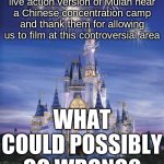 Disney has become something Walt would never forgive | We are gonna film the live action version of Mulan near a Chinese concentration camp and thank them for allowing us to film at this controversial area; WHAT COULD POSSIBLY GO WRONG? | image tagged in disney,controversial,mulan | made w/ Imgflip meme maker