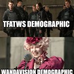 MRW my friends say that WandaVision is so much better than The Falcon and the Winter Soldier | TFATWS DEMOGRAPHIC; WANDAVISION DEMOGRAPHIC | image tagged in hunger games - katniss vs effie | made w/ Imgflip meme maker