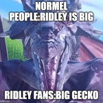 lol | NORMEL PEOPLE:RIDLEY IS BIG; RIDLEY FANS:BIG GECKO | image tagged in funny ridley | made w/ Imgflip meme maker