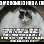 The True Story of Old McDonald's Farm | OLD MCDONALD HAD A FARM; HOWEVER, MR MCDONALD DISCOVERED HIS FARM ANIMALS WERE MISSING. WHEN HE FOUND OUT HIS CAT ATE ALL OF THEM, HE WAS GOING TO GIVE THE CAT UP FOR ADOPTION.
SO THE CAT ATE HIM TOO. | image tagged in fat cat | made w/ Imgflip meme maker