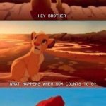 You must never go there | HEY BROTHER; WHAT HAPPENS WHEN MOM COUNTS TO 0? YOU MUST NEVER GO THERE SIMBA | image tagged in simba,funny,memes,siblings | made w/ Imgflip meme maker