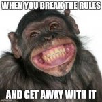 Grinning Chimp | WHEN YOU BREAK THE RULES; AND GET AWAY WITH IT | image tagged in grinning chimp | made w/ Imgflip meme maker