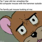 Smashes the computer mouse with the hammer | The 7 year old me: smashes the old computer mouse with the hammer outside; The family pet mouse looking at me: | image tagged in unsettled jerry,blank white template,funny,unsettled tom,memes,mouse | made w/ Imgflip meme maker
