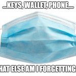 Face mask | ...KEYS, WALLET, PHONE,... WHAT ELSE AM I FORGETTING...? | image tagged in face mask | made w/ Imgflip meme maker