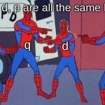 shok | b, q, d, p are all the same letter; q; d; b; p | image tagged in spiderman pointing 4 | made w/ Imgflip meme maker