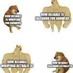 buff doge vs cheems reversed double | HOW RELIABLE IS FACEBOOK FOR BOOMERS; HOW RELIABLE IS WIKIPEDIA FOR BOOMERS; HOW RELIABLE WIKIPEDIA ACTUALLY IS; HOW RELIABLE FACEBOOK ACTUALLY IS | image tagged in buff doge vs cheems reversed double | made w/ Imgflip meme maker