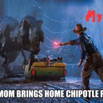 Jurrasic park | WHEN MY MOM BRINGS HOME CHIPOTLE FOR DINNER | image tagged in jurrasic park | made w/ Imgflip meme maker