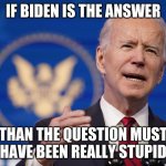 biden | IF BIDEN IS THE ANSWER; THAN THE QUESTION MUST HAVE BEEN REALLY STUPID | image tagged in biden | made w/ Imgflip meme maker