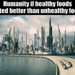 Future City | Humanity if healthy foods tasted better than unhealthy foods | image tagged in future city | made w/ Imgflip meme maker