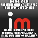 I’m for ‘imageflip’ | SO I GOT INTO AN ARGUMENT WITH MY SISTER AND I NEED EVERYONE’S OPINION. THE IMG IN IMGFLIP IS SHORT FOR IMAGE, RIGHT? IF SO, THEN IS IT SAID ‘IMAGE FLIP’ OR ‘I.M.G. FLIP’? | image tagged in imgflip logo | made w/ Imgflip meme maker